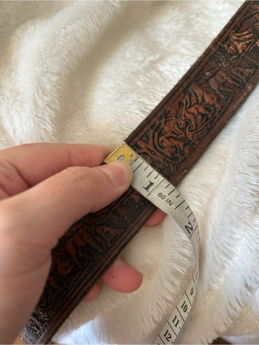 Brown tooled leather silver buckle western style belt size 28 hunting